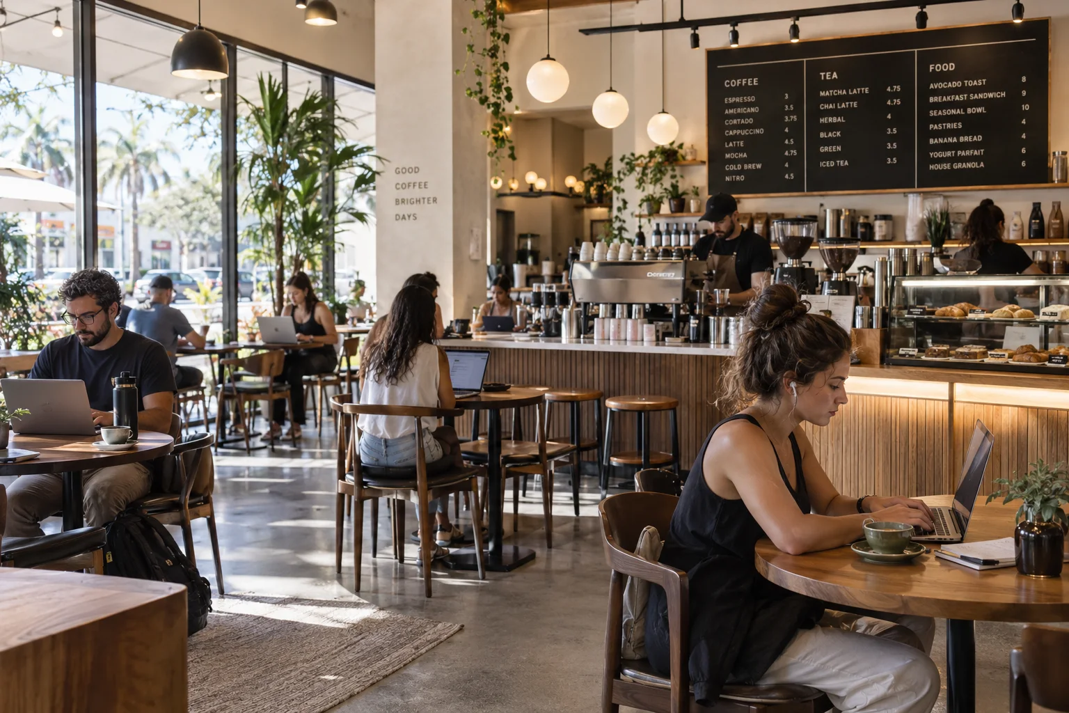 Guests working inside a lively Carla's café