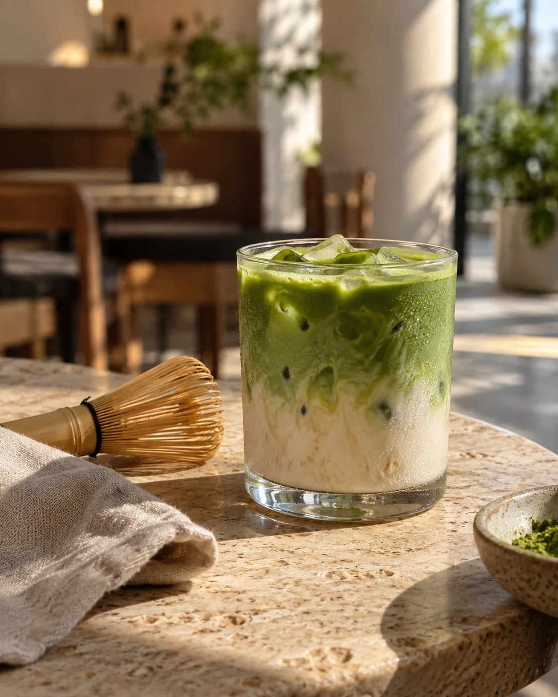 Iced matcha latte in morning light